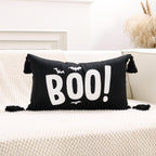 Halloween BOO Cotton-Linen Lumbar Accent Pillow Cover with Corner Tassels