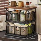 Countertop Coffee Station Organizer with Wooden Top and Metal Wire Basket