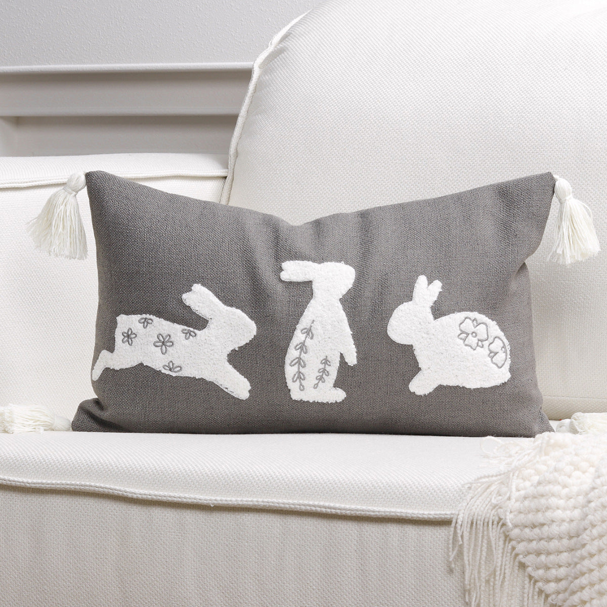 Embroidered Bunny Appliqué Tassel Lumbar Pillow Cover