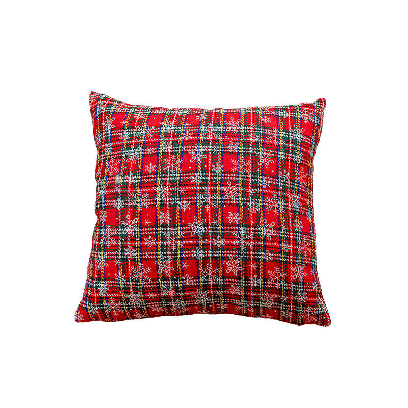 Decorative Holiday Plaid Throw Pillow Cover with Embroidered Snowflake Accents