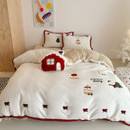 Cozy Reversible Bedding Set made of Teddy Fleece with Embroidered Designs and Decorative Piping
