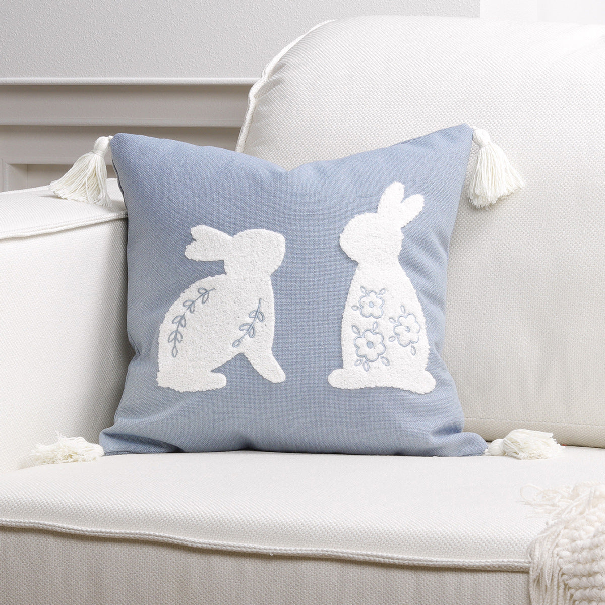 Embroidered Bunny Appliqué Tassel Lumbar Pillow Cover