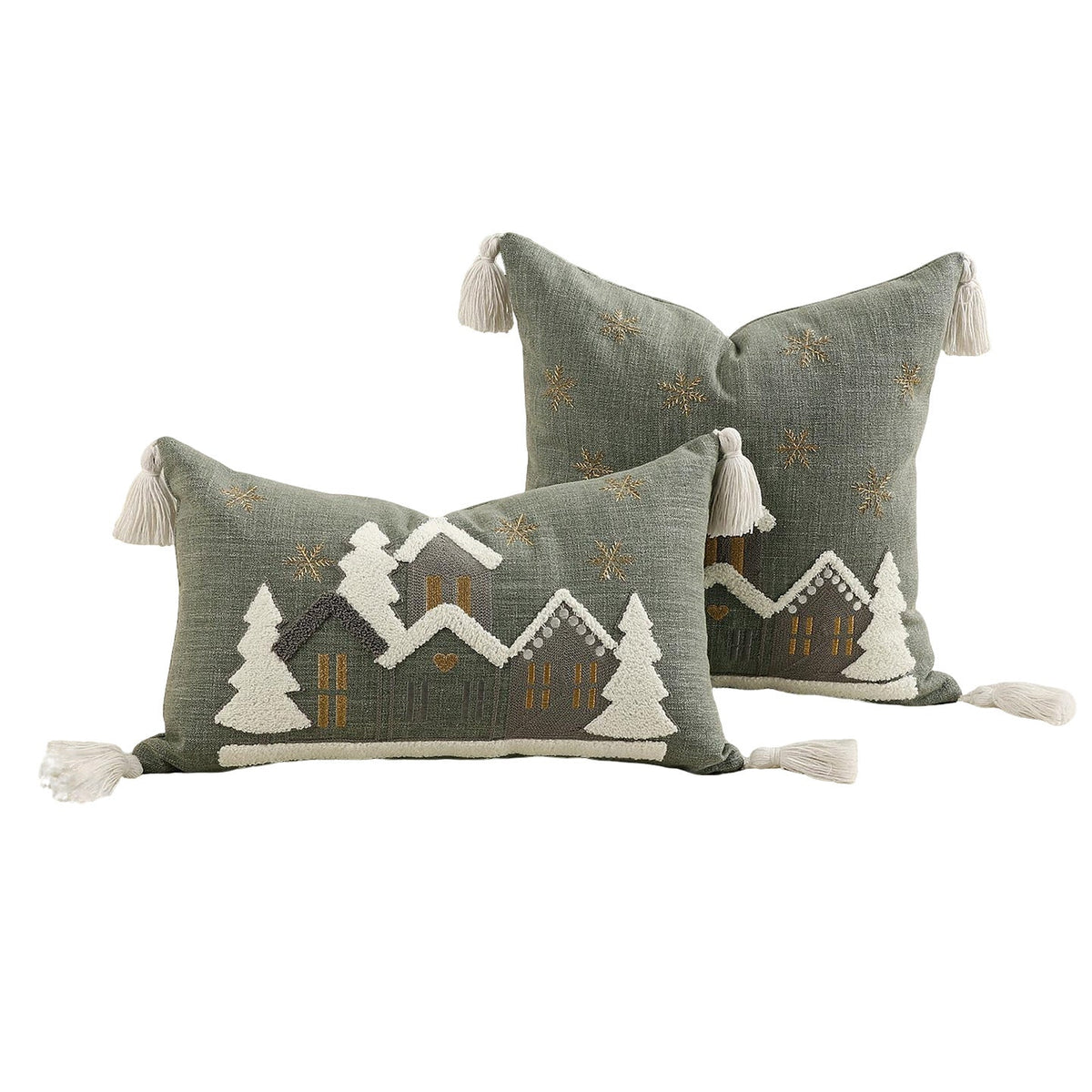 Festive Embroidered Snowy Village Tassel Throw Pillow Set