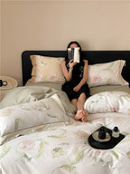Luxurious cotton satin bedding set with large watercolor rose motif and silky feel
