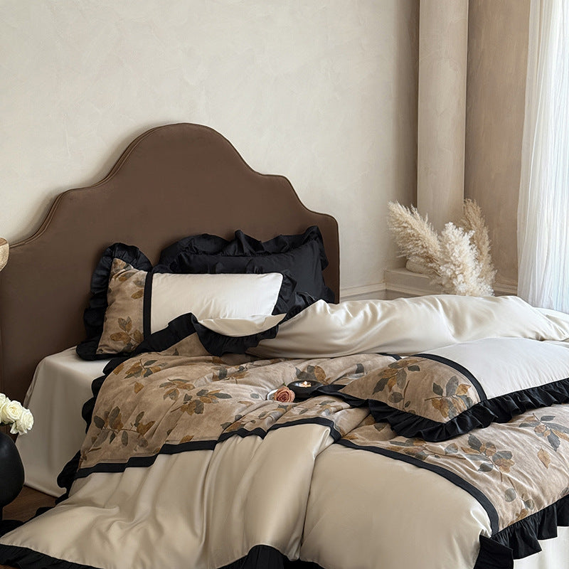 Premium bedding set made of fine satin with botanical jacquard and decorative ruffle Kalsten
