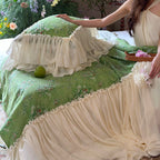 Romantic country house bedding set with floral print, chiffon ruffle hem & gathered bed skirt