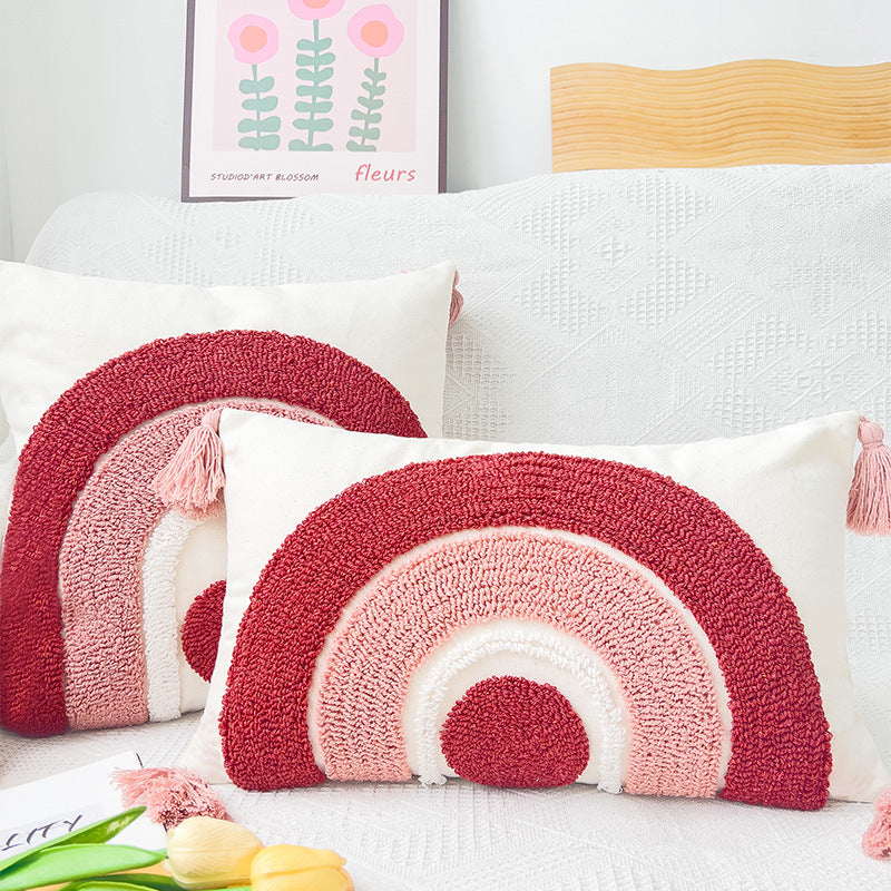 Square Boho cushion cover with hand-tufted rainbow relief, corner tassels and cotton-linen mix Kalsten