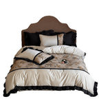 Premium bedding set made of fine satin with botanical jacquard and decorative ruffle Kalsten