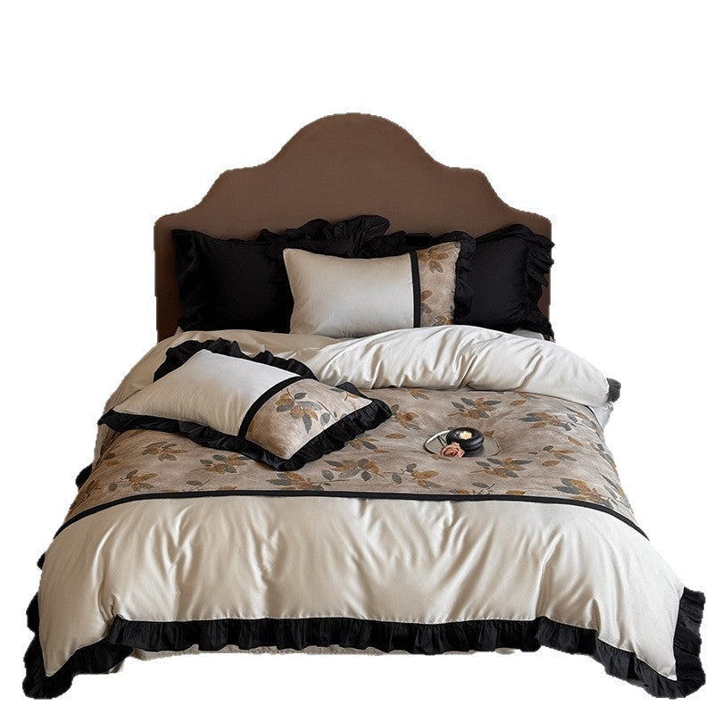 Premium bedding set made of fine satin with botanical jacquard and decorative ruffle Kalsten