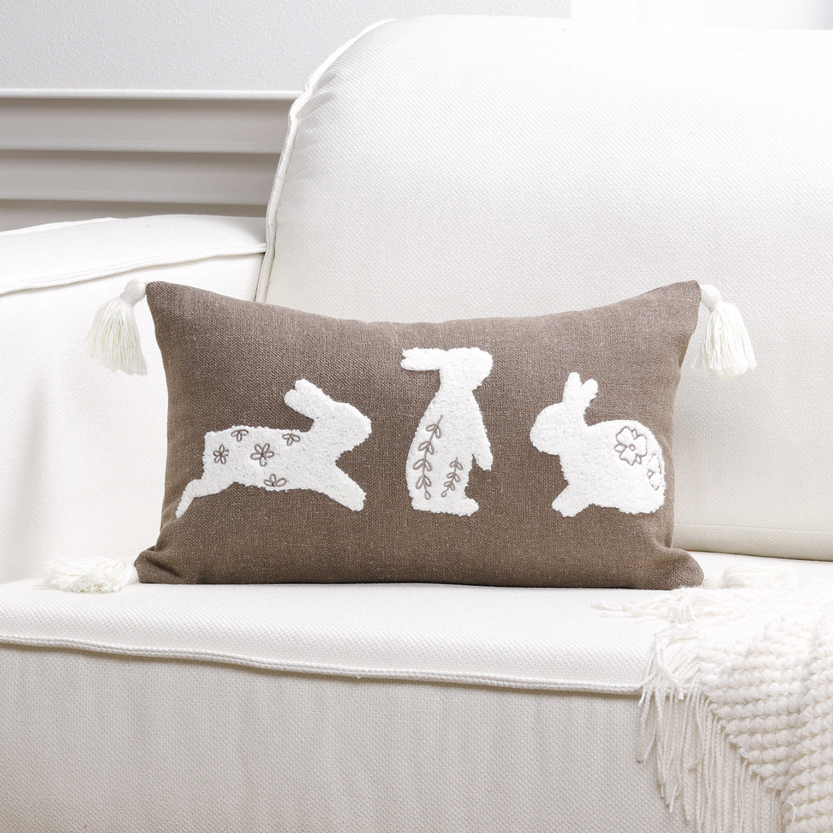 Embroidered Bunny Appliqué Tassel Lumbar Pillow Cover
