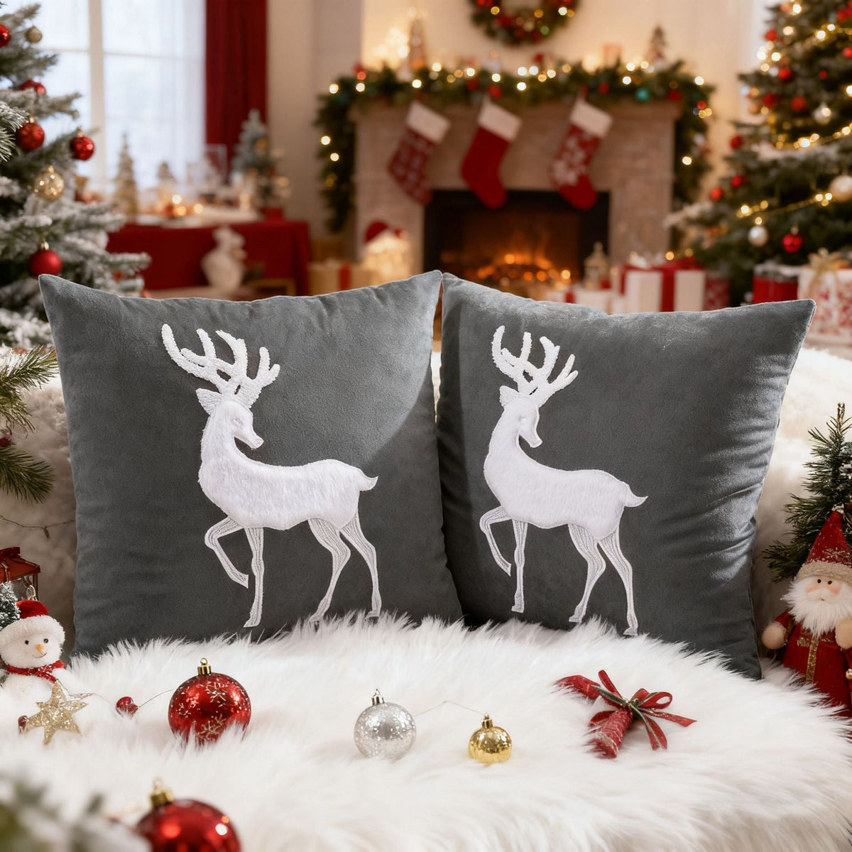 Festive Velvet Reindeer Appliqué Square Throw Pillow Cover with Hidden Zipper