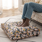 Large square floor cushion with floral cotton cover, piping, and carrying handle Kalsten