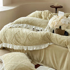 Bedding set with delicate ruffle trim and Jacquard damask structure