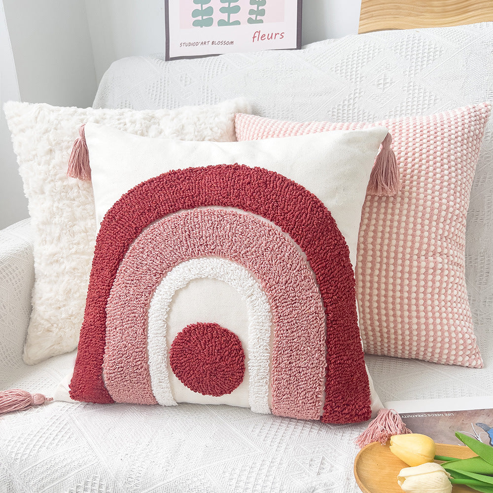 Square Boho cushion cover with hand-tufted rainbow relief, corner tassels and cotton-linen mix Kalsten
