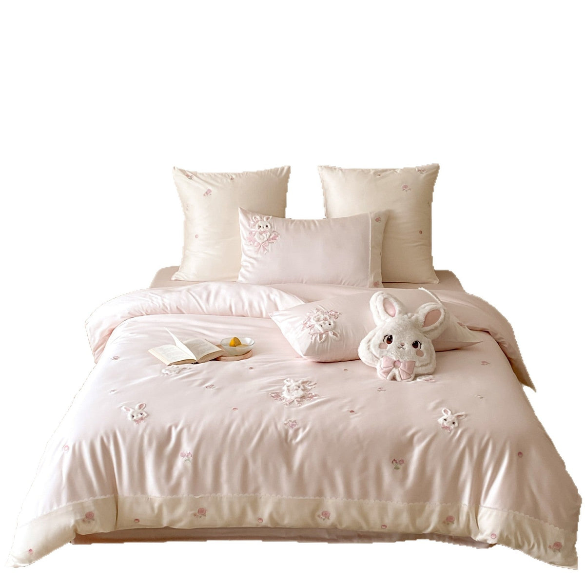 Children's bedding set with embroidered rabbit and rose motif Kalsten