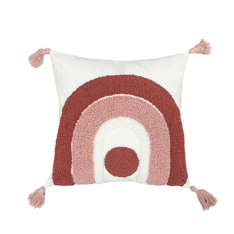 Square Boho cushion cover with hand-tufted rainbow relief, corner tassels and cotton-linen mix Kalsten