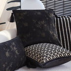 Square decorative cushion made of velvet with relief longitudinal stripes and fringe tassel Kalsten