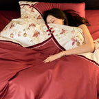 Premium-Duvet cover set with floral embroidery application, contrasting inserts and lace edge
