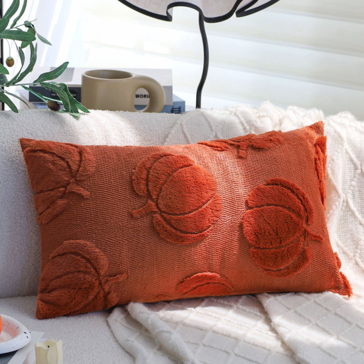 Square decorative pillow cover with 3D pumpkin tufting made of fluffy chenille and concealed zipper Kalsten