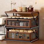 Countertop Coffee Station Organizer with Wooden Top and Metal Wire Basket