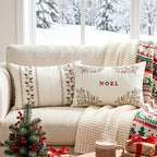 Embroidered Holiday Lumbar Throw Pillow Cover with NOEL Holly Motif