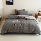 Cozy bed linen set made of cotton percale with fine check and panda appliqués