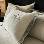 Premium cotton satin bed linen set with floral relief embroidery and satin trim