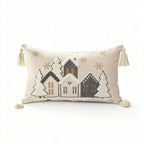 Festive Embroidered Snowy Village Tassel Throw Pillow Set
