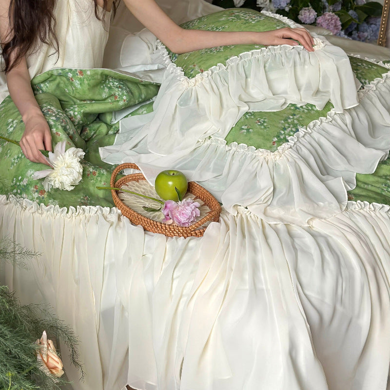 Romantic country house bedding set with floral print, chiffon ruffle hem & gathered bed skirt