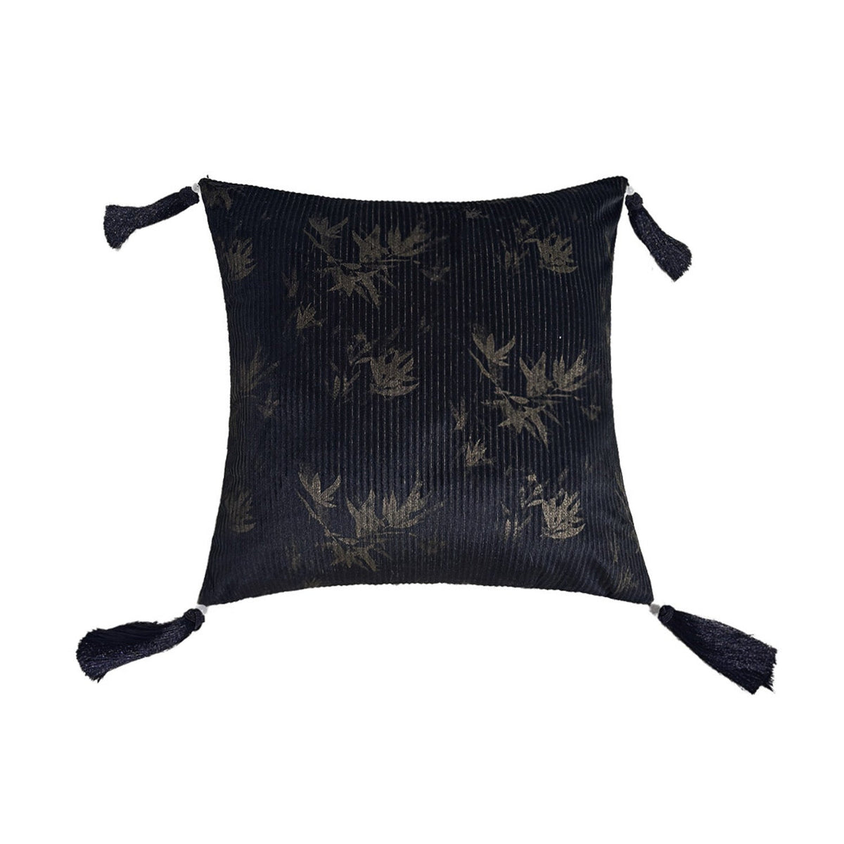 Square decorative cushion made of velvet with relief longitudinal stripes and fringe tassel Kalsten
