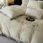 Premium cotton satin bed linen set with floral relief embroidery and satin trim
