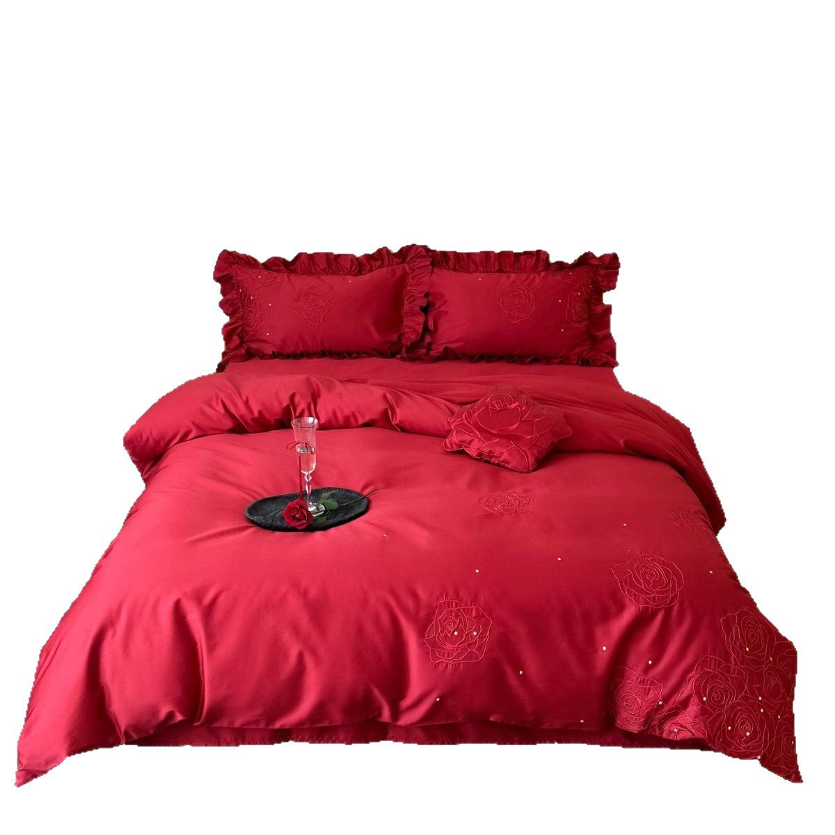 Satin bedding set with rose embroidery, ruffled pillow and decorative pillow Kalsten