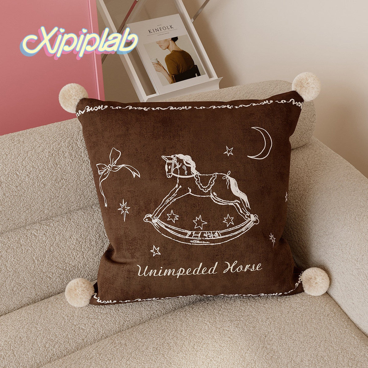 Velvet Pom-Pom Corner Decorative Throw Pillow Cover with Hand-Drawn Rocking Horse Motif