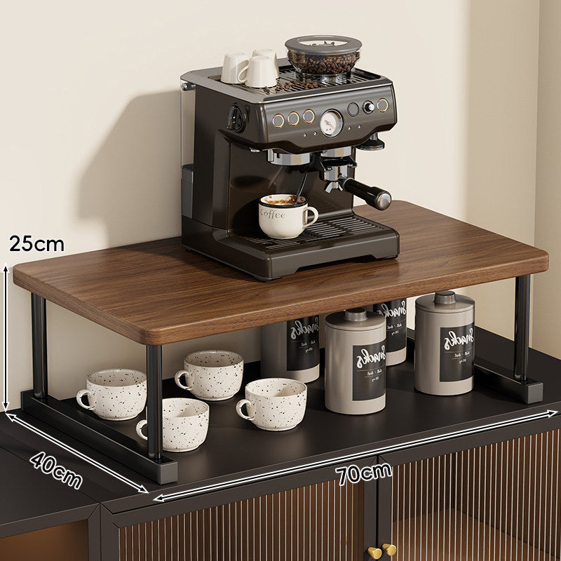 Two-Tier Countertop Coffee Station Shelf Riser with Walnut Top and Metal Frame