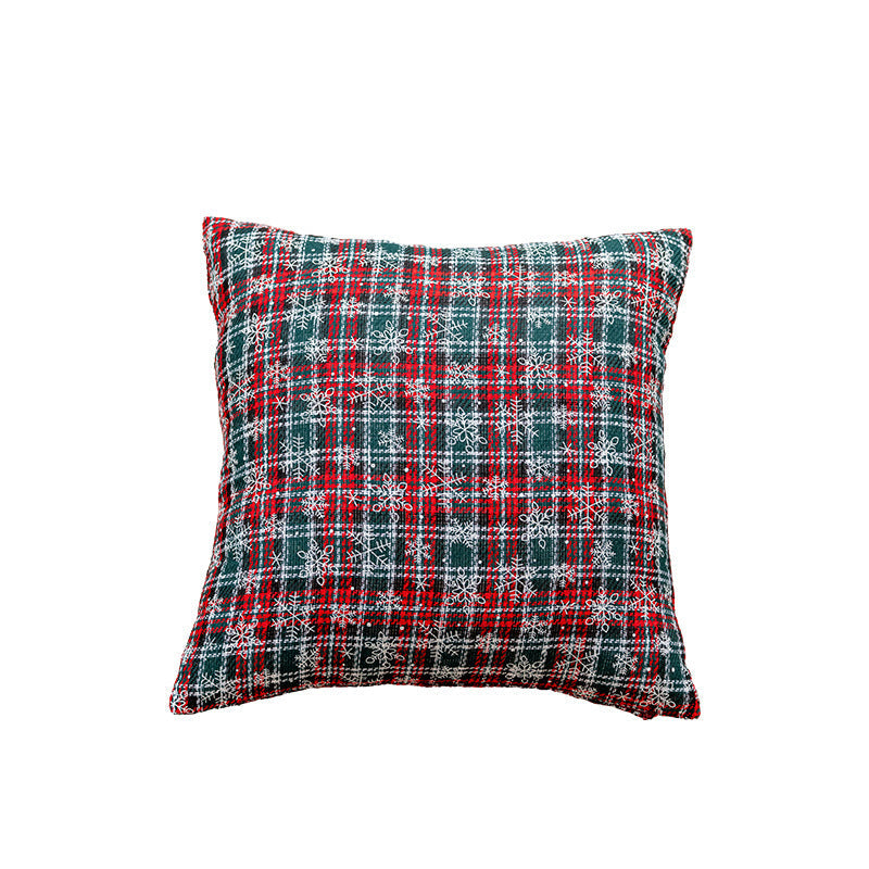 Plaid Holiday Decorative Throw Pillow with Embroidered Snowflake Motif and Hidden Zipper