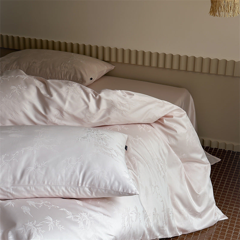 Luxurious cotton satin bedding set with fine jacquard floral relief and silky finish