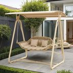 Woven rattan outdoor swing loveseat with padded cushions and powder-coated steel frame Kalsten