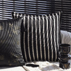 Square decorative cushion made of velvet with relief longitudinal stripes and fringe tassel Kalsten