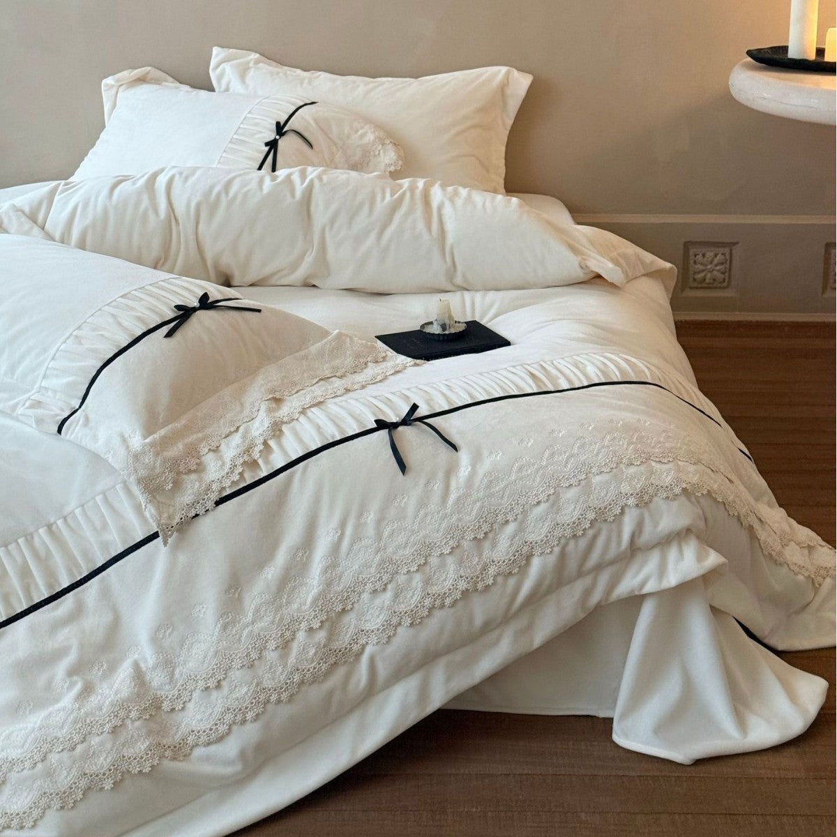 Romantic cotton satin bed linen set with ruffled hem, lace trim and decorative ribbons Kalsten