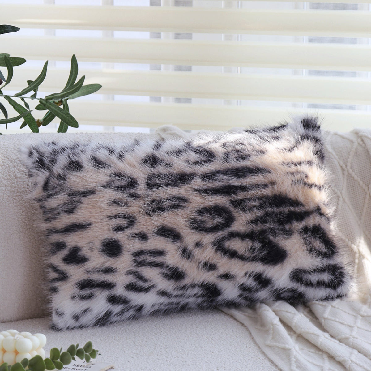 Square faux fur cushion cover in vintage leopard print with extra soft long hair Kalsten