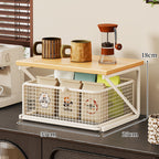 Countertop Coffee Station Organizer with Wooden Top and Metal Wire Basket
