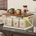 Countertop Coffee Station Organizer with Wooden Top and Metal Wire Basket