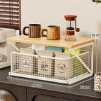 Countertop Coffee Station Organizer with Wooden Top and Metal Wire Basket