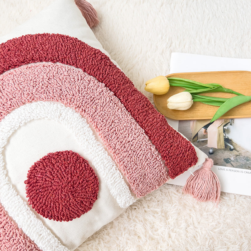 Square Boho cushion cover with hand-tufted rainbow relief, corner tassels and cotton-linen mix Kalsten