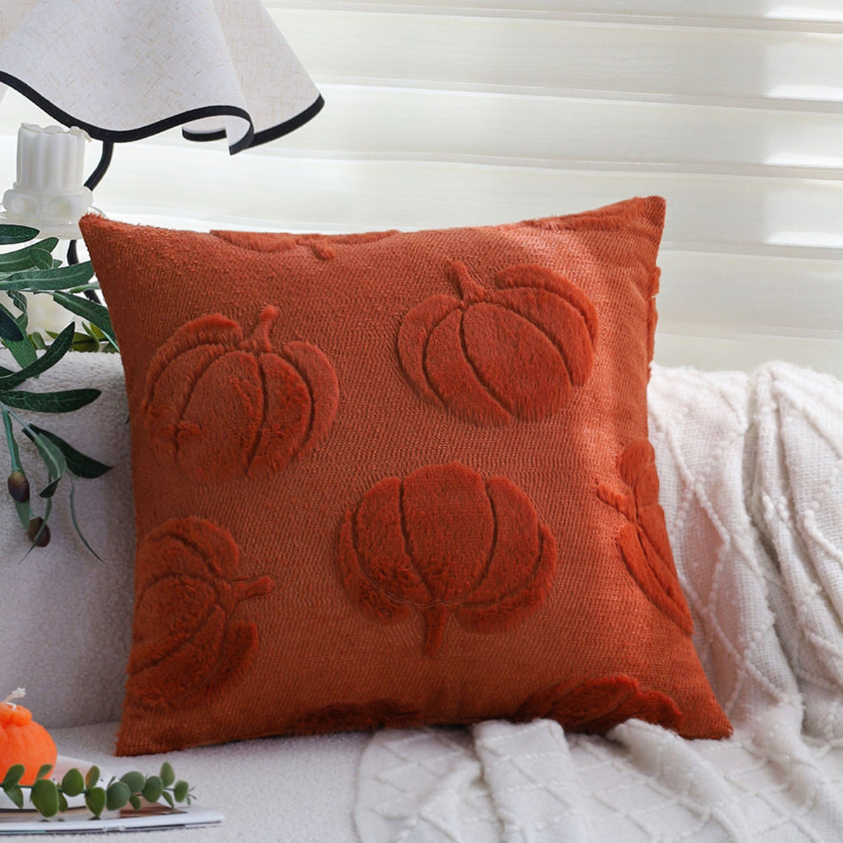 Square decorative pillow cover with 3D pumpkin tufting made of fluffy chenille and concealed zipper Kalsten